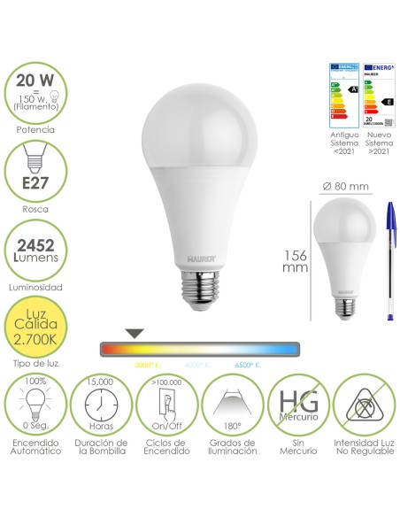 Bombilla Led Estandar Rosca E27. 20  Watt. Equivale A 150 Watt. 2452 Lumenes. Luz Calida (3000º K.)