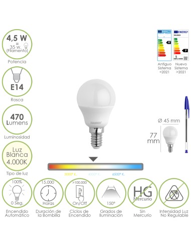Bombilla Led Esferica Rosca E14 4.5 Watt. Equivale A 35 Watt. 470 Lumenes. Luz Neutra (4000º K)