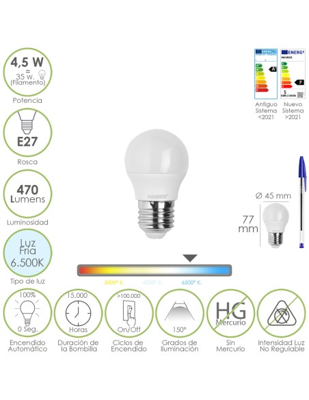 Bombilla Led Esferica Rosca E27 4.5 Watt. Equivale A 55 Watt. 470 Lumenes. Luz Fria (6500º K)
