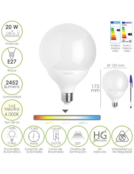 Bombilla Led Globo E27. 20 Watt. Equivale A 150 Watt. 2452 Lumenes. Luz Neutra 4000º K.