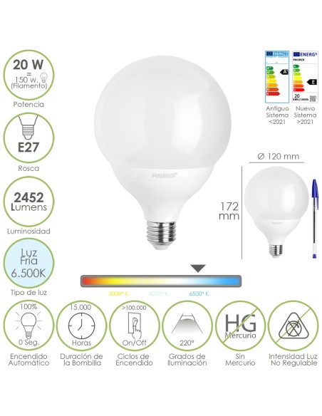 Bombilla Led Globo E27. 20 Watt. Equivale A 150 Watt. 2452 Lumenes. Luz Fria 6500º K.