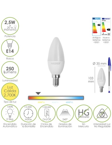 Bombilla Led Vela E14. 2,5 Watt. Equivale A 20 Watt. 250 Lumenes. Luz Calida 2700º K.
