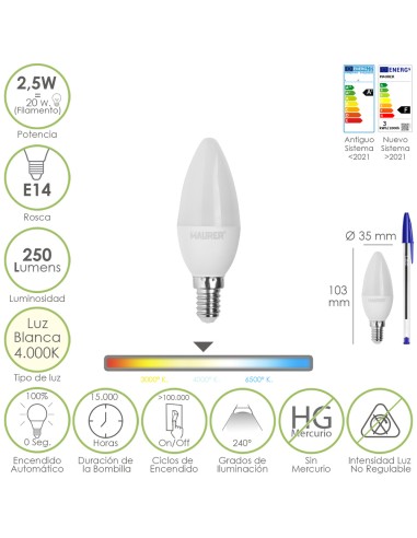 Bombilla Led Vela E14. 2,5 Watt. Equivale A 20 Watt. 250 Lumenes. Luz Neutra 4.000º K.