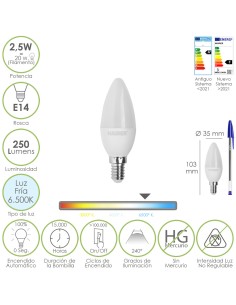 Bombilla Led Vela E14. 2,5 Watt. Equivale A 20 Watt. 250...