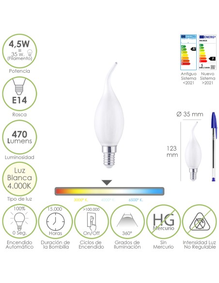 Bombilla Led Filamento Vela Llama Esmerilada E14. 4,5 Watt. Equivale A 35 Watt. 470 Lumenes. Luz Neutra 4000º K.