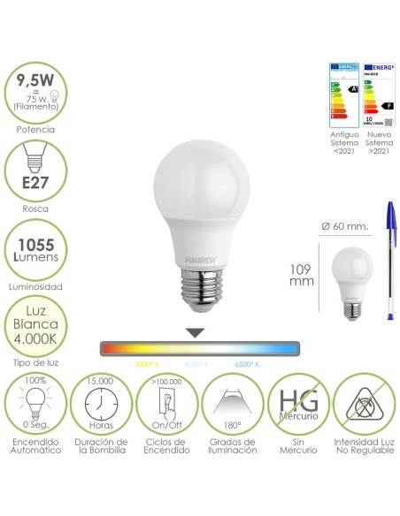 Bombilla Led Estandar Rosca E27. 9.5 Watt. Equivale A 75 Watt. 1055 Lumenes. Luz Neutra (4000º K.)