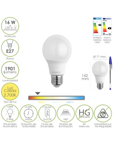 Bombilla Led Estandar Rosca E27. 16 Watt. Equivale A 130 Watt. 1901 Lumenes. Luz Calida 2.700º K.