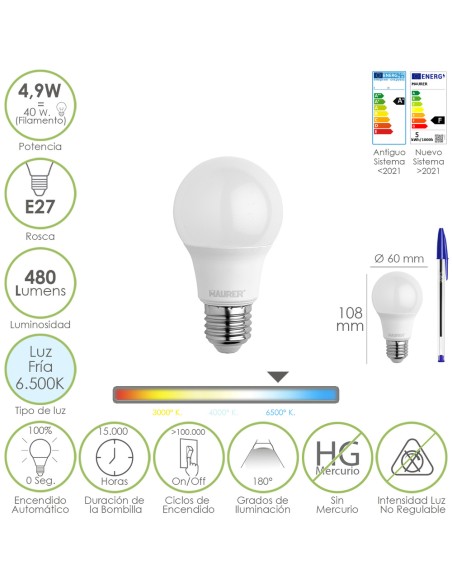 Bombilla Led Estandar Rosca E27. 4.9 Watt. Equivale A 40 Watt. 480 Lumenes. Luz Fria (6500º K.)