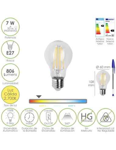 Bombilla Led Filamento Standar Rosca E27. 7 Watt. Equivale A 50 Watt. 806 Lumenes. Luz Calida 2700º K.