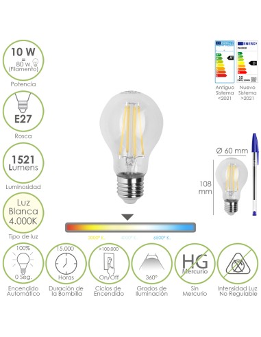 Bombilla Led Filamento Standar Rosca E27. 10 Watt. Equivale A 80 Watt. 1521 Lumenes. Luz Neutra 4000º K.