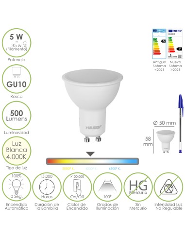 Bombilla Led Dicroica Rosca GU10. 5 Watt. Equivale A 35 Watt. 500 Lumenes. Luz Neutra 4000º K