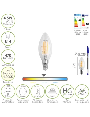 Bombilla Led Filamento Vela Rosca E14. 4,5 Watt. Equivale A 35 Watt. 470 Lumenes. Luz Neutra 4000º K.