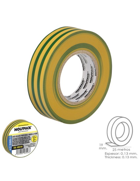 Cinta Aislante Profesional Amarilla/Verde Espesor 0.13 mm. Ancho 19 mm. Rollo 25 Metros Cinta Electricista, Cinta Aislante Cable