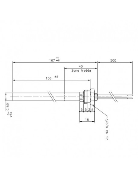 Resistencia estufa pellets 250w rosca 3/8"L.163mm D.9.5mm