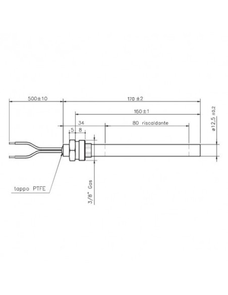 Resistencia estufa pellets 350w rosca 3/8" L.170mm D.12.5mm