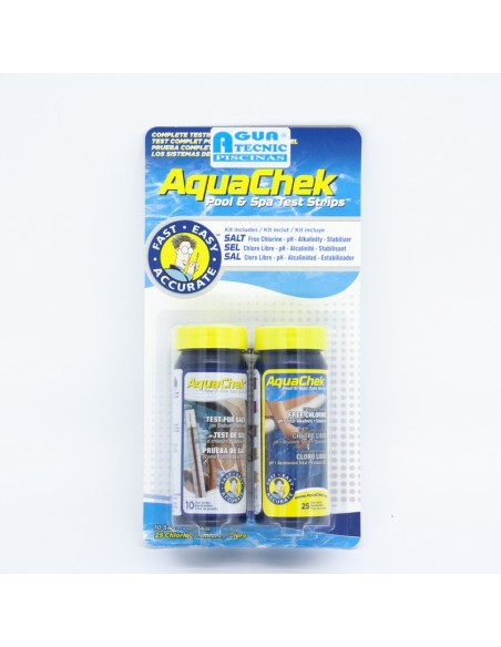 Analizador agua piscina AQUACHEK Amarillo + Blanco 542228A tiras ph/cl/alk/cya + sal