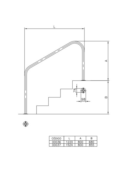 Barandilla piscina ASTRAL 2 curvas mod. 1220mm pletina         AISI316L 00036