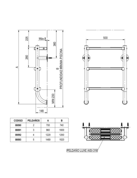 Escalera piscina inox ASTRAL mod. 1+1 partida 3 peldaños AISI316L 08091